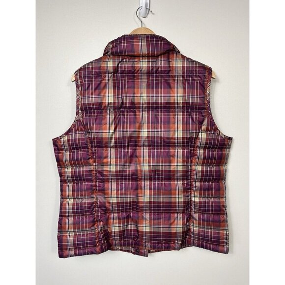 Lands' End Jacket Vest Women XL 18 Maroon Plaid Down Puffer Mock Neck Snap Down - Picture 7 of 10